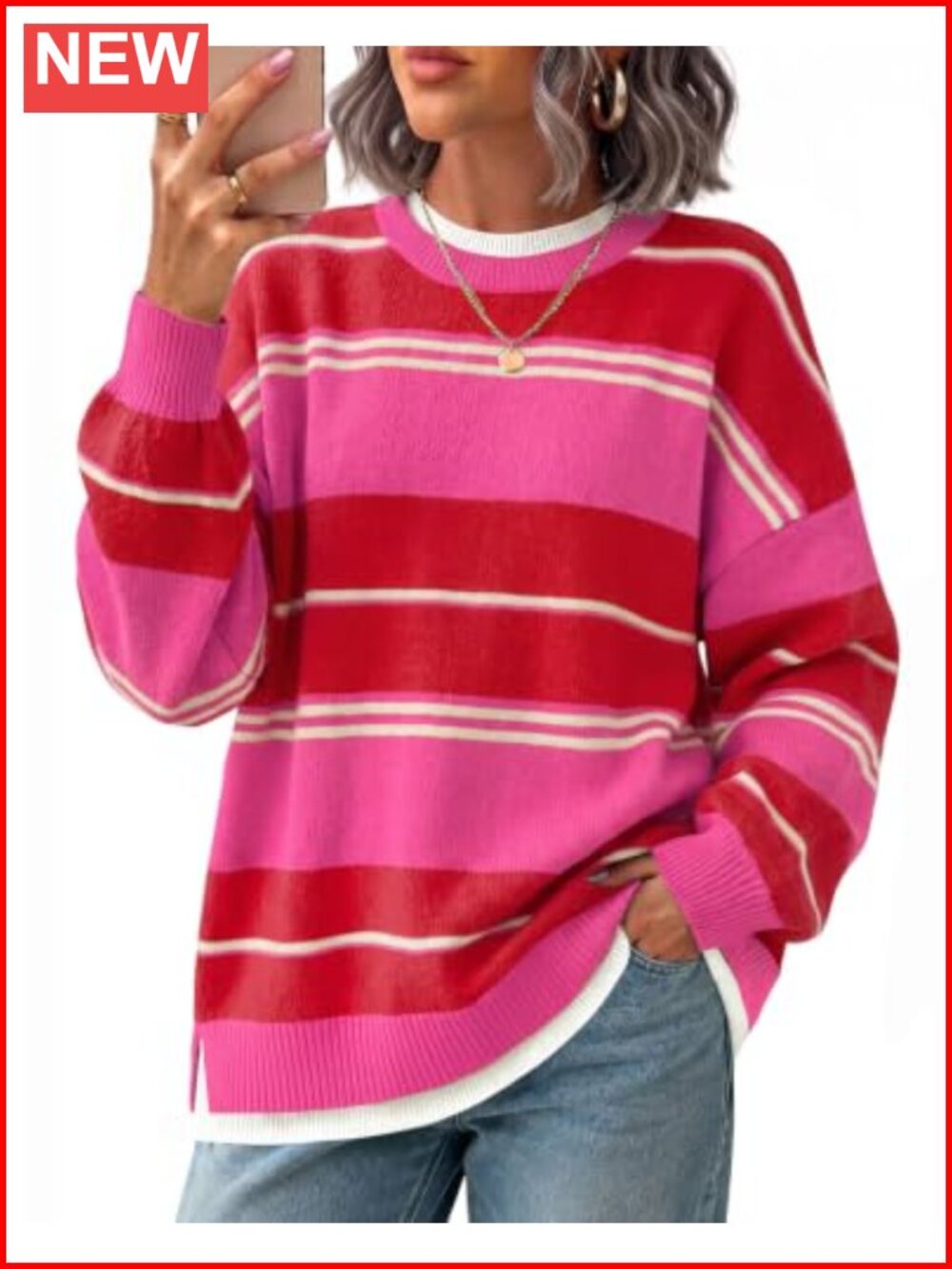 Women's Oversized Sweater Pullover Knit Top Color Block Y2K Stripe